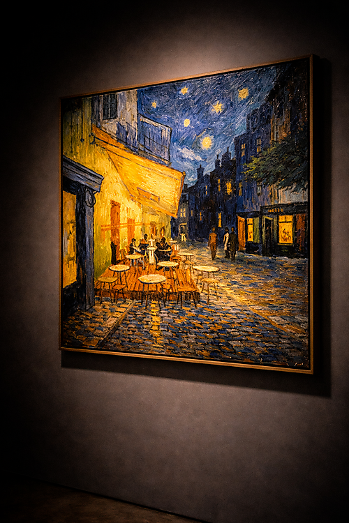 Ein in warmem Spotlicht gezeigtes Gemälde mit nächtlicher Straßenszene hängt in einer dunklen Galerie und lädt zum genauen Betrachten ein.