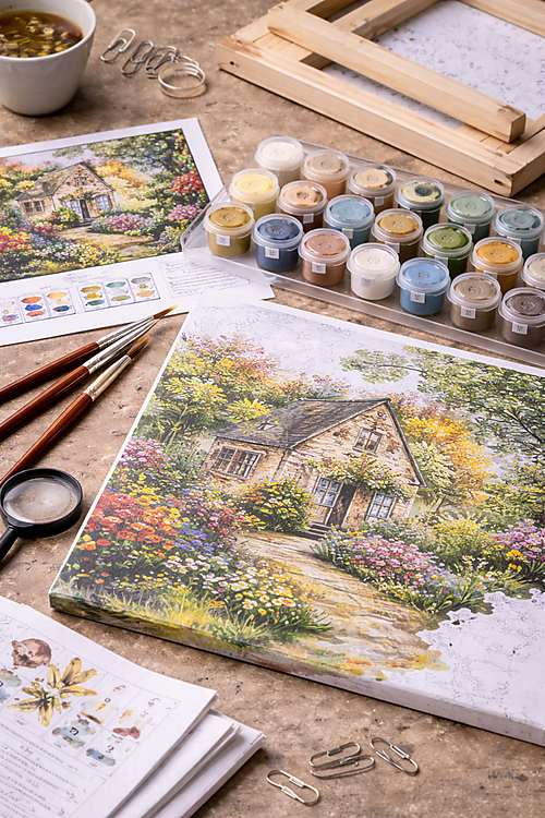 Auf einem Tisch liegt ein Malen-nach-Zahlen-Set mit Leinwandmotiv, nummerierten Farbtöpfchen im Tray, Pinseln und Referenzblatt – Symbolbild für Qualitätsmerkmale beim Set-Kauf.