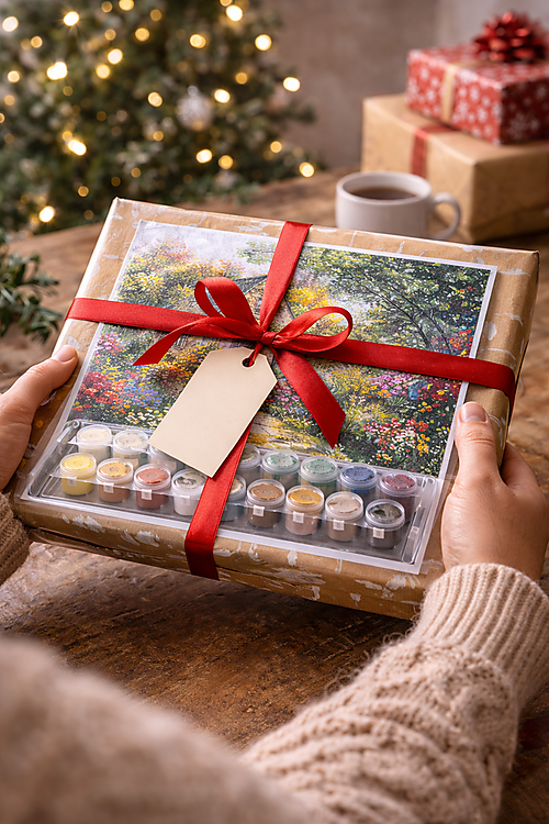 Nahaufnahme: Hände überreichen ein als Geschenk verpacktes Malen-nach-Zahlen-Set mit roter Schleife; im Hintergrund sind weitere Geschenke und warme Lichter zu sehen.