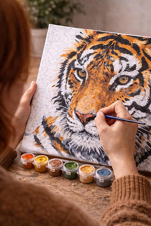 Nahaufnahme: Hände malen ein Malen-nach-Zahlen-Tigermotiv; nummerierte Flächen und Farbtöpfchen liegen bereit – Symbolbild für geführte Kreativität und ruhigen Rhythmus.