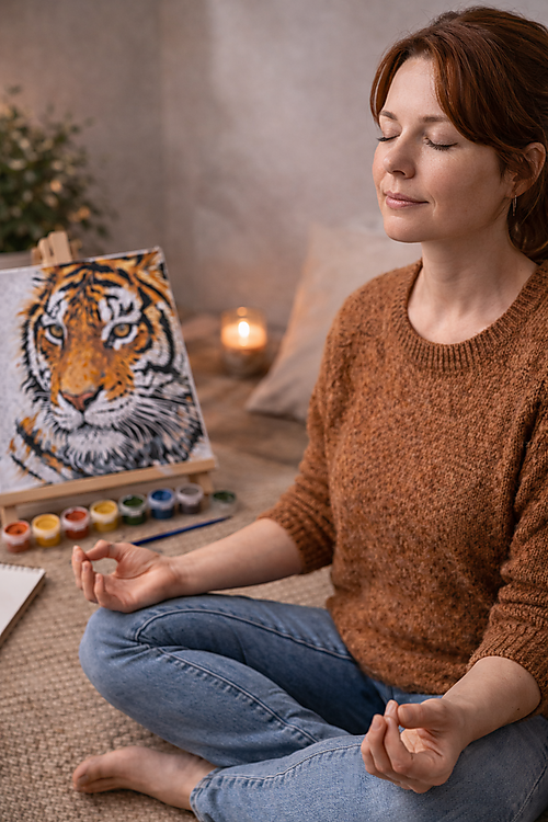 Frau sitzt im Schneidersitz mit geschlossenen Augen und meditiert neben einer Malen-nach-Zahlen-Leinwand auf einer kleinen Staffelei; Farbtöpfchen und Pinsel liegen bereit, Kerzenlicht sorgt für ruhige Stimmung.