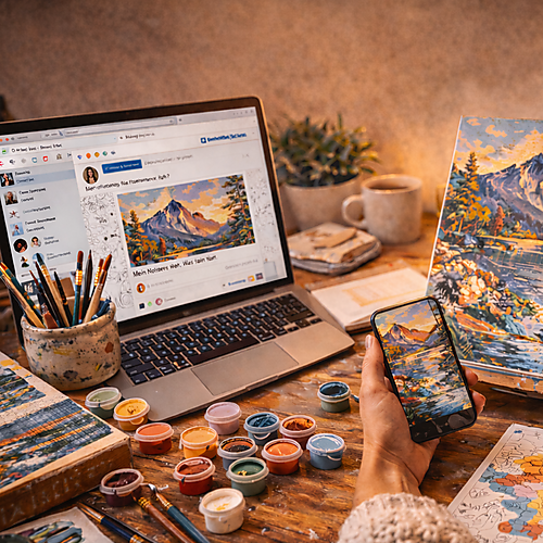Gemütlicher Arbeitsplatz: Hände malen an einer Malen-nach-Zahlen-Leinwand auf einer Staffelei; Farbtöpfchen, Pinsel und ein Laptop mit Online-Beitrag stehen auf dem Tisch – Symbolbild für Projekte und Community rund ums Dranbleiben.