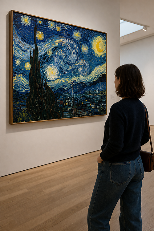 Eine Frau betrachtet in einer hellen Galerie ein farbintensives Gemälde mit nächtlicher Straßenszene.