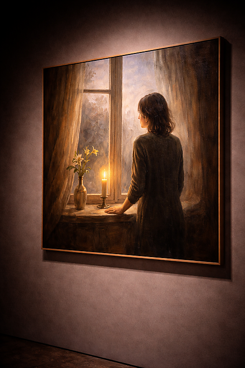 Ein in warmem Spotlicht gezeigtes Gemälde zeigt eine still am Fenster stehende Figur mit Kerze und Blumen in einer dunklen Galerie.