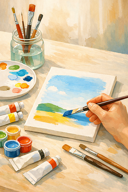 Acryl malen für Anfänger – Einstieg am Maltisch Heller Maltisch mit Acrylfarben, Pinseln und einem begonnenen einfachen Bild als Einstieg in die Acrylmalerei.