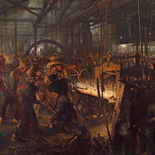Arbeiter führen glühendes Eisen durch große Walzen; am Rand der dunklen Fabrikhalle waschen sich Männer und nehmen eine Mahlzeit ein.
