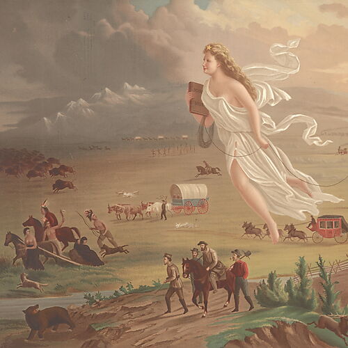 John Gasts Allegorie zeigt eine schwebende Frau mit Schulbuch und Telegraphendraht über Siedlern, Eisenbahnen, indigenen Menschen und Bisons.