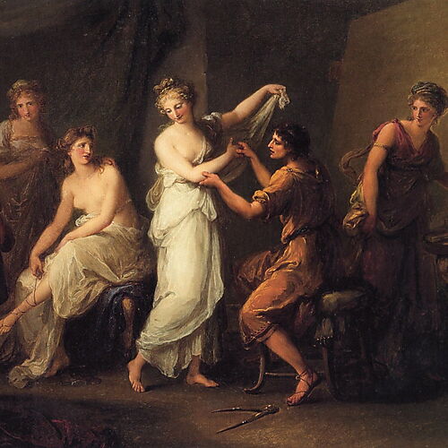 Klassizistische Atelierszene: Zeuxis prüft den Arm einer stehenden Frau; vier weitere Modelle umgeben ihn, eine greift rechts nach seinen Pinseln.