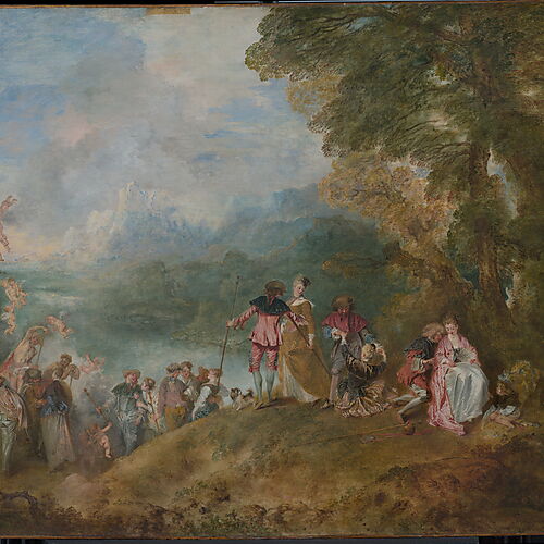 Antoine Watteaus „Einschiffung nach Kythera“ mit elegant gekleideten Paaren, einer Venusstatue und schwebenden Putten in einer Landschaft.