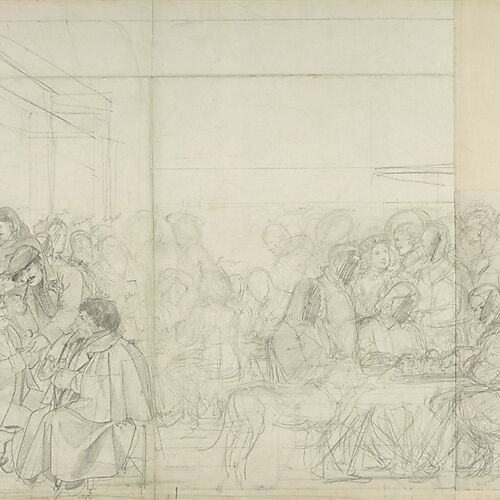 Bleistiftentwurf von Carl Philipp Fohr mit zahlreichen Künstlern in mehreren Gruppen im römischen Café Greco.