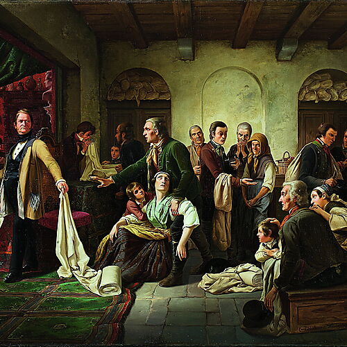 Carl Wilhelm Hübners Gemälde zeigt verarmte schlesische Weberfamilien, die einem wohlhabenden Tuchhändler ihre Stoffbahnen zur Prüfung vorlegen.