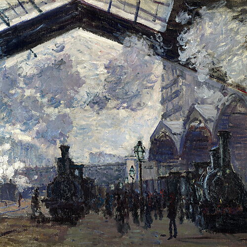 Claude Monet zeigt zwei von Dampf umhüllte Lokomotiven, Reisende und Bahnsteige unter dem Eisen- und Glasdach des Pariser Bahnhofs Saint-Lazare.
