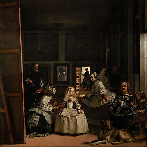 Diego Velázquez steht in Las Meninas links an einer großen Leinwand, während die Infantin Margarita mit Hofangehörigen und Bediensteten den Raum füllt.