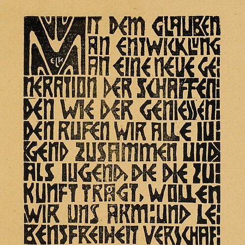 Schmaler schwarzer Holzschnitttext in kantigen Großbuchstaben auf hellem Papier; oben links steht Kirchners Monogramm ELK.