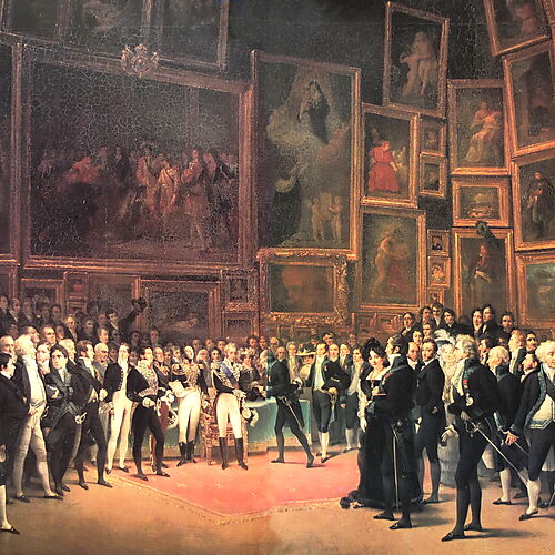 König Karl X. zeichnet im dicht behängten Salon Carré des Louvre Künstler aus, Gemälde von François-Joseph Heim aus dem Jahr 1827.
