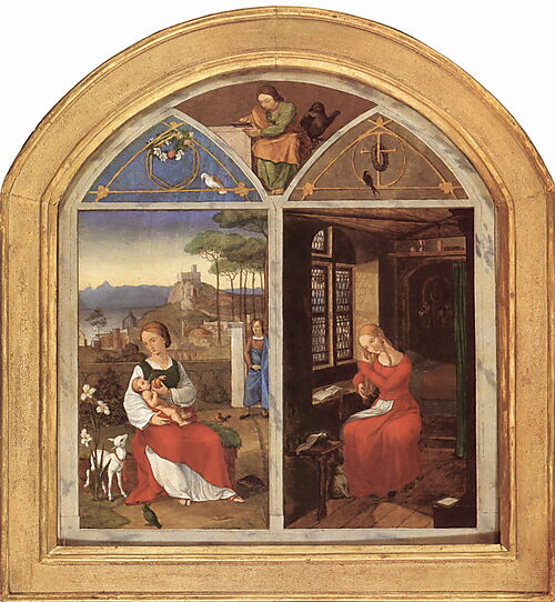 Franz Pforrs Gemälde Sulamith und Maria zeigt Sulamith mit einem Kind in einer südlichen Gartenlandschaft und Maria in einem stillen altdeutschen Innenraum.