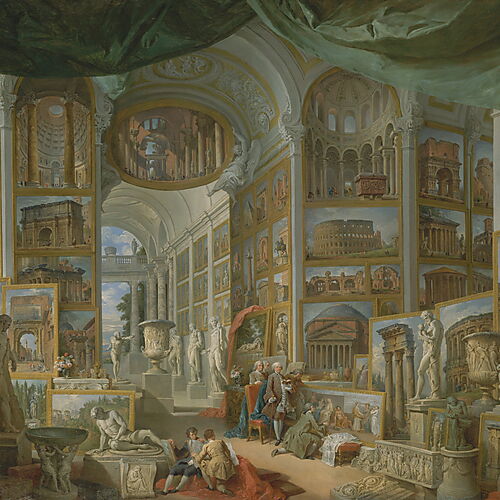 Giovanni Paolo Paninis „Das antike Rom“ zeigt eine imaginäre Galerie mit Gemälden römischer Monumente, antiken Skulpturen und mehreren Besuchern.