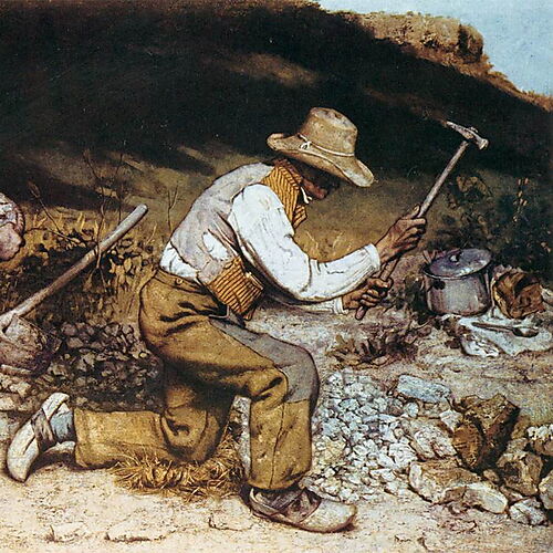 Gustave Courbets „Die Steinklopfer“ zeigt einen knienden älteren und einen jüngeren Arbeiter bei schwerer Straßenarbeit zwischen Steinen und Werkzeugen.