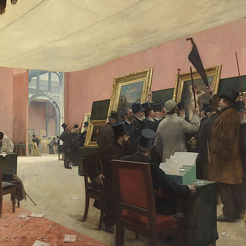 Henri Gervex’ Gemälde zeigt die Jury des Pariser Salons, die mit erhobenen Stöcken und Schirmen über eingereichte Kunstwerke abstimmt.