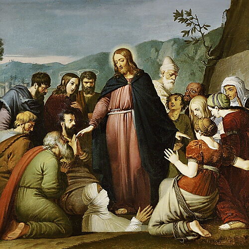 Christus steht über dem in Grabtücher gehüllten Lazarus, umgeben von dessen Schwestern und weiteren Zeugen; links erscheinen Overbeck und Franz Pforr.