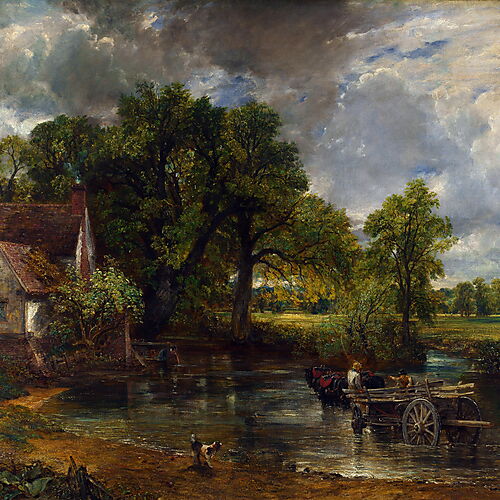 John Constables „Der Heuwagen“: Ein leerer, von Pferden gezogener Wagen durchquert flaches Wasser vor einem Bauernhaus.
