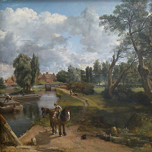 John Constables Flusslandschaft bei Flatford mit zwei Kähnen auf dem Stour und einem Jungen auf einem Pferd am Ufer