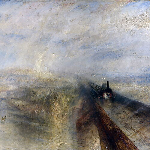 Dampflokomotive auf einer Eisenbahnbrücke, umgeben von Regen und Dunst, in einem Gemälde von William Turner.