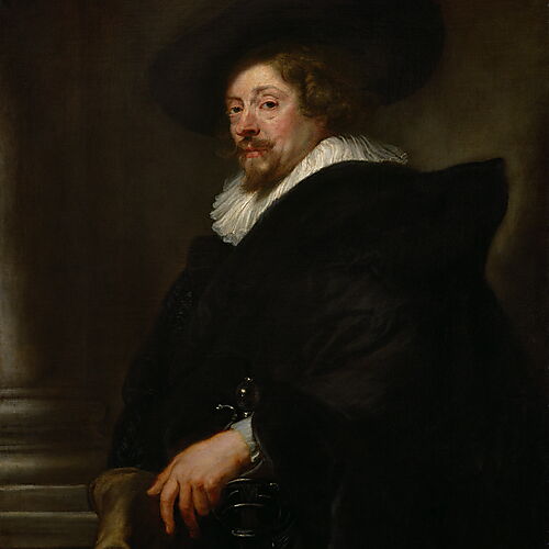 Peter Paul Rubens in schwarzer Kleidung und breitkrempigem Hut; eine Hand ruht am Schwert, hinter ihm steht eine Säule im dunklen Raum.