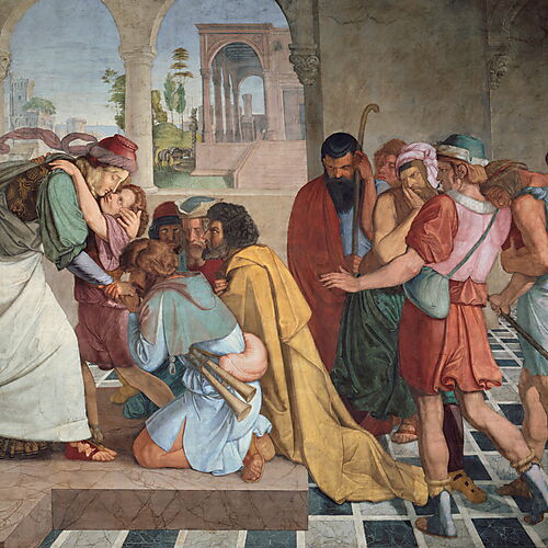 Fresko von Peter von Cornelius mit Joseph im hellen Mantel, der Benjamin umarmt, während seine Brüder knien und bewegt reagieren.