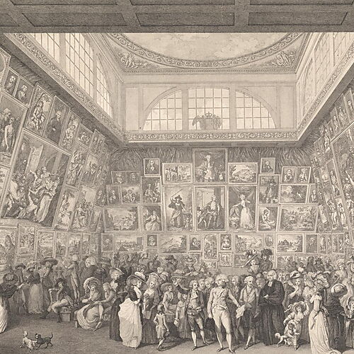 Ein dicht gedrängtes Publikum steht in der Royal Academy zwischen zahlreichen Gemälden, die beinahe lückenlos bis unter die Decke gehängt sind.