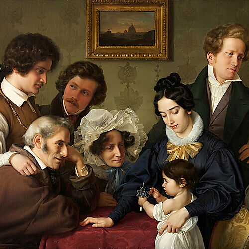 Das Gruppenporträt zeigt Mitglieder der Familie Bendemann sowie Wilhelm von Schadow und weitere Künstler gemeinsam in einem bürgerlichen Wohnraum.