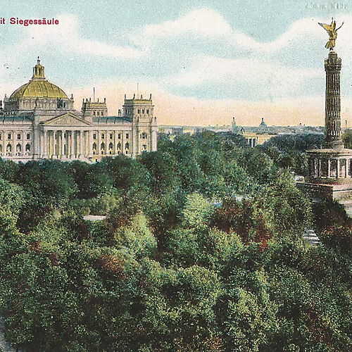 Ansicht von Berlin mit Blick auf das Reichstagsgebäude und der Siegessäule zu Beginn des 20. Jahrhunderts