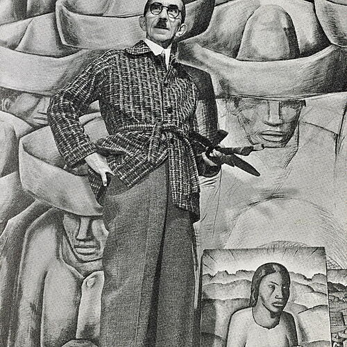 Porträt von Alfredo Ramos Martinez in Los Angeles, 1941. Im Hintergrund eine Zeichnung für das nicht ausgeführte Wandgemälde Los Charros del Pueblo.