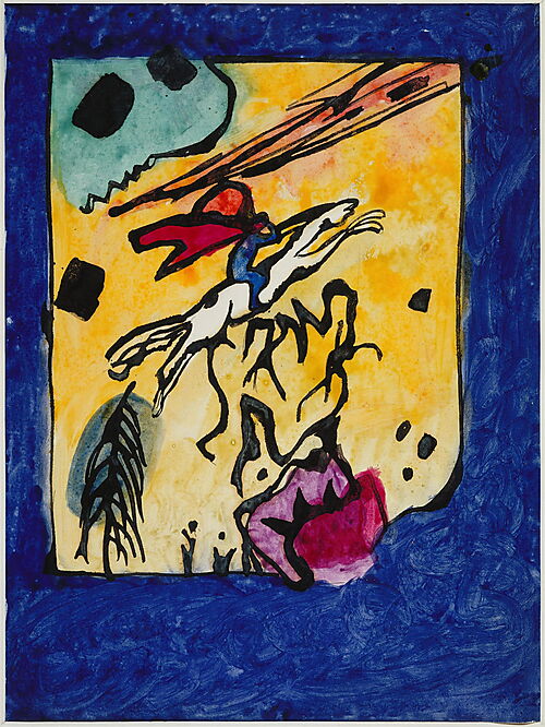 Wassily Kandinsky – Entwurf für den Umschlag des Almanachs „Der Blaue Reiter“, 1911 Kandinskys Entwurf für den Almanach „Der Blaue Reiter“ mit einem abstrahierten blauen Reiter auf hellem Grund.