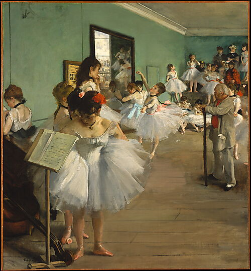 Edgar Degas – Die Tanzklasse, 1874 Edgar Degas’ Gemälde „Die Tanzklasse“ zeigt zahlreiche Ballerinas in einem Pariser Probenraum, während eine Tänzerin vor dem Ballettmeister Jules Perrot eine Figur ausführt.