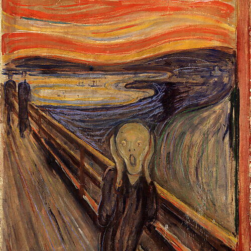 Edvard Munch: Der Schrei (1893) Edvard Munchs „Der Schrei“: Eine kaum bestimmbare Figur hält sich auf einer Brücke die Hände an den Kopf, während Himmel und Landschaft in roten und blauen Wellenlinien zu schwingen scheinen.