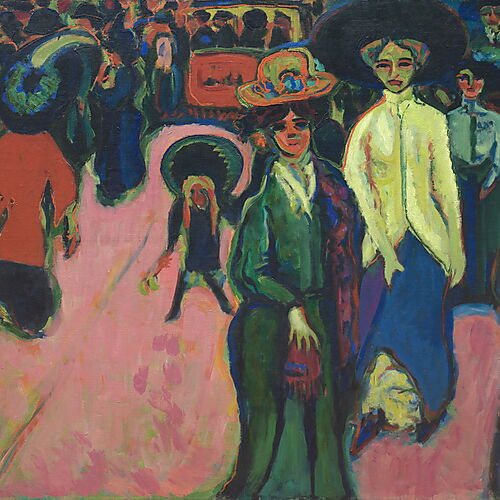 Ernst Ludwig Kirchner: Straße, Dresden (1908) Frauen und ein Kind in einer dicht gedrängten Dresdner Straße, gemalt in leuchtendem Rosa, Blau und Grün mit kantigen, maskenhaften Gesichtern.