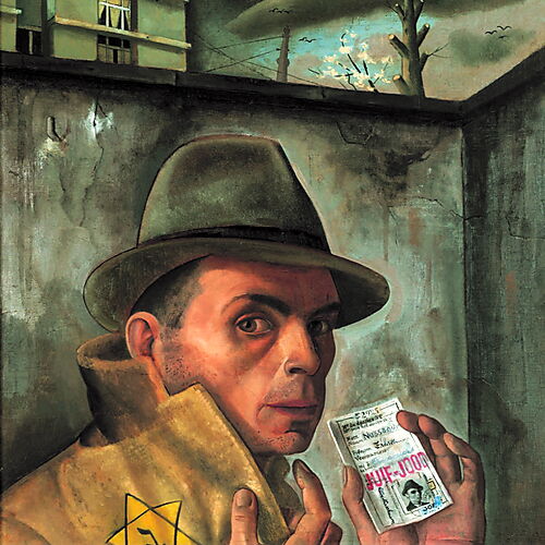 Felix Nussbaum – Selbstbildnis mit Judenpass, um 1943 Felix Nussbaum blickt mit hochgestelltem Mantelkragen zum Betrachter, zeigt den gelben Stern an seiner Kleidung und hält einen als jüdisch markierten Ausweis in der Hand.
