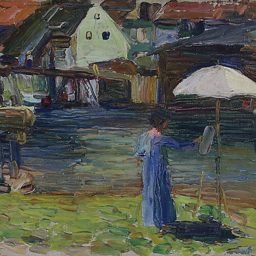 Wassily Kandinsky: Gabriele Münter beim Malen in Kallmünz, 1903 Gabriele Münter in einem blauen Kleid beim Malen an einer Staffelei am Fluss in Kallmünz