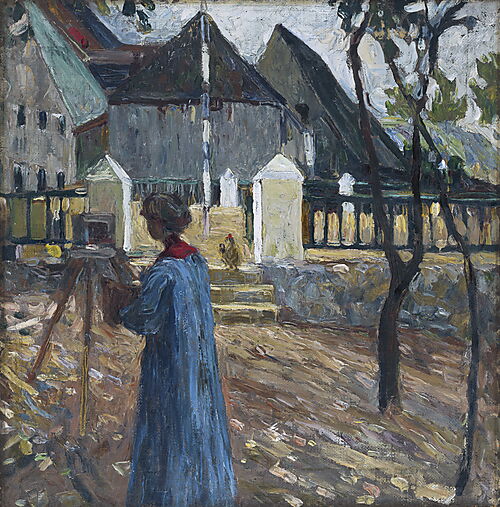 Gabriele Münter beim Malen in Kallmünz Gabriele Münter beim Malen an einer Staffelei unter freiem Himmel in Kallmünz, dargestellt von Wassily Kandinsky.