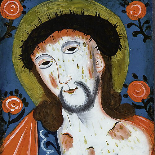 Traditionelles religiöses Hinterglasbild mit der Darstellung des leidenden Christus, kräftigen Farben und deutlich begrenzten Formen.