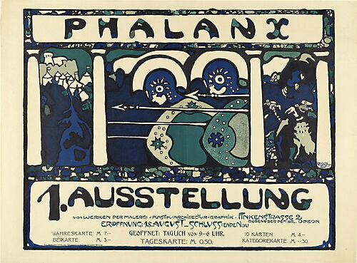 Wassily Kandinsky: Plakat für die Phalanx-Ausstellung, 1901 Blau-grünes Ausstellungsplakat der Künstlervereinigung Phalanx mit stilisierten Figuren und dem Schriftzug Phalanx