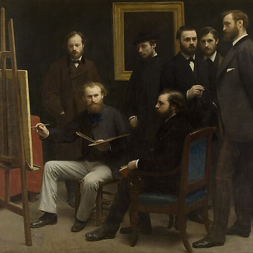 Édouard Manet malt im Atelier, umgeben von Auguste Renoir, Émile Zola, Frédéric Bazille, Claude Monet und weiteren Weggefährten.