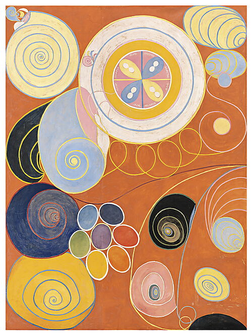 Abstraktes Gemälde von Hilma af Klint in leuchtenden Orange-, Gelb-, Blau- und Rosatönen mit Kreisen, Spiralen und floralen Formen.