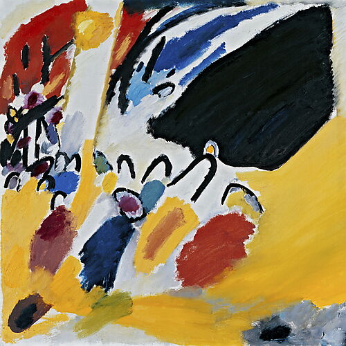 Wassily Kandinsky – Impression III (Konzert), 1911 Abstrakte Komposition mit einer großen gelben Farbfläche, einer dominierenden schwarzen Form sowie kleinen farbigen Akzenten und geschwungenen Linien.