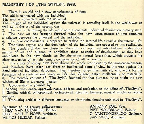 Manifest I von De Stijl, 1918, englische Fassung