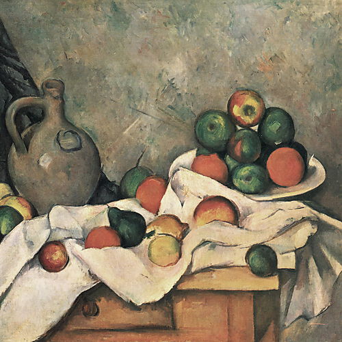 Paul Cézanne, Stilleben, Draperie, Krug und Obstschale