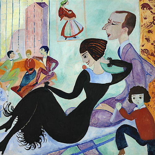 Farbenreiches Atelierinterieur von Sigrid Hjertén mit mehreren Figuren, gemusterten Wänden und einem orangefarbenen Sofa. Sigrid Hjertén – Ateljéinteriör, 1916