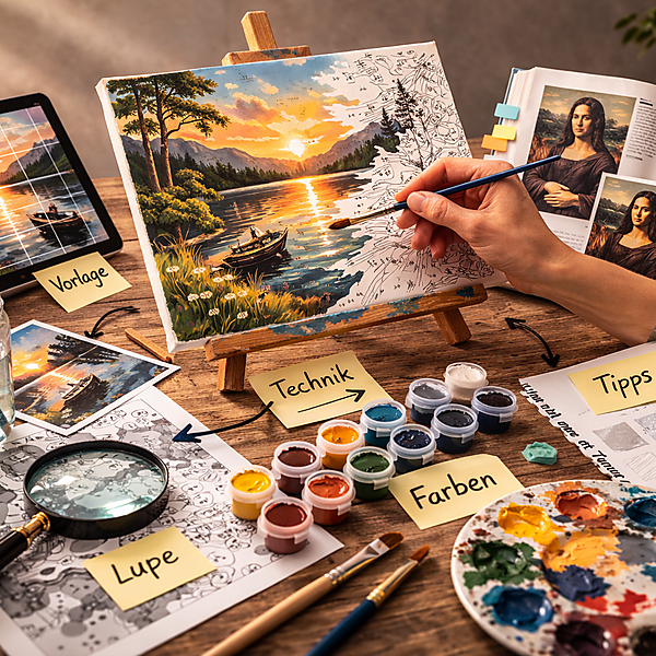 Arbeitsplatz mit Malen-nach-Zahlen-Leinwand auf einer Staffelei, Referenzbild auf einem Tablet, Pinseln und Farbtöpfen – Symbolbild für Hilfsmittel und Vorlagen in der Kunst.