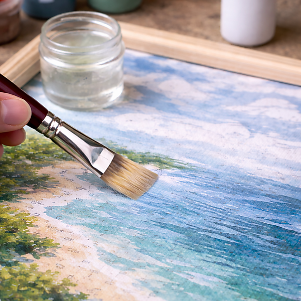 Nahaufnahme: Pinsel trägt von links eine transparente Versiegelung auf ein fertiges Malen-nach-Zahlen-Bild auf; Farbtöpfe und ein Glas mit Klarlack stehen im Hintergrund.